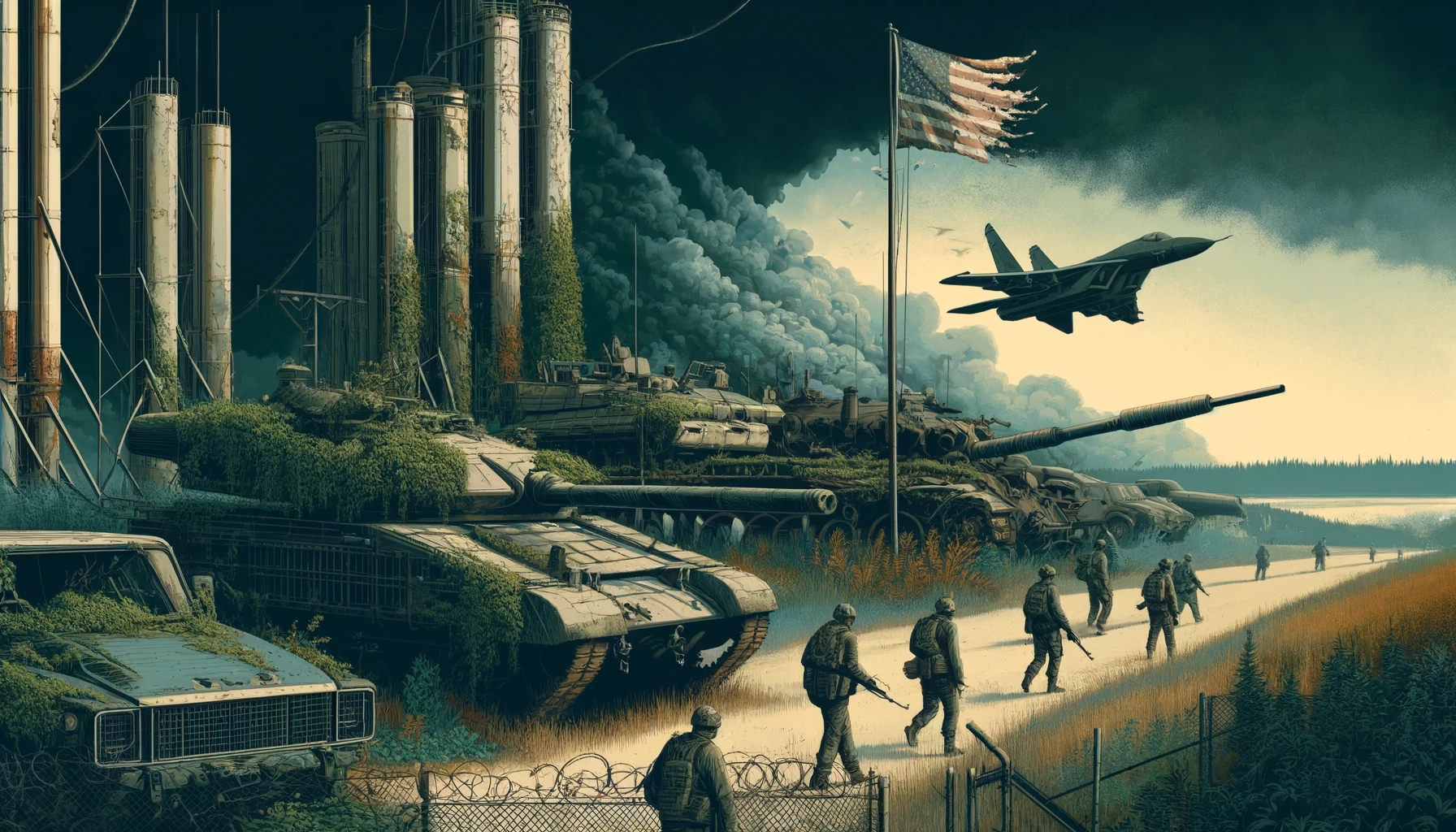 A conceptual illustration of modern Western military in decline. The scene includes rusting and abandoned military vehicles such as tanks and fighter