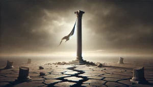 Image representing the fall of a modern Western empire. Show a single broken column standing in an empty, cracked earth highlighting the decline of western idealogy