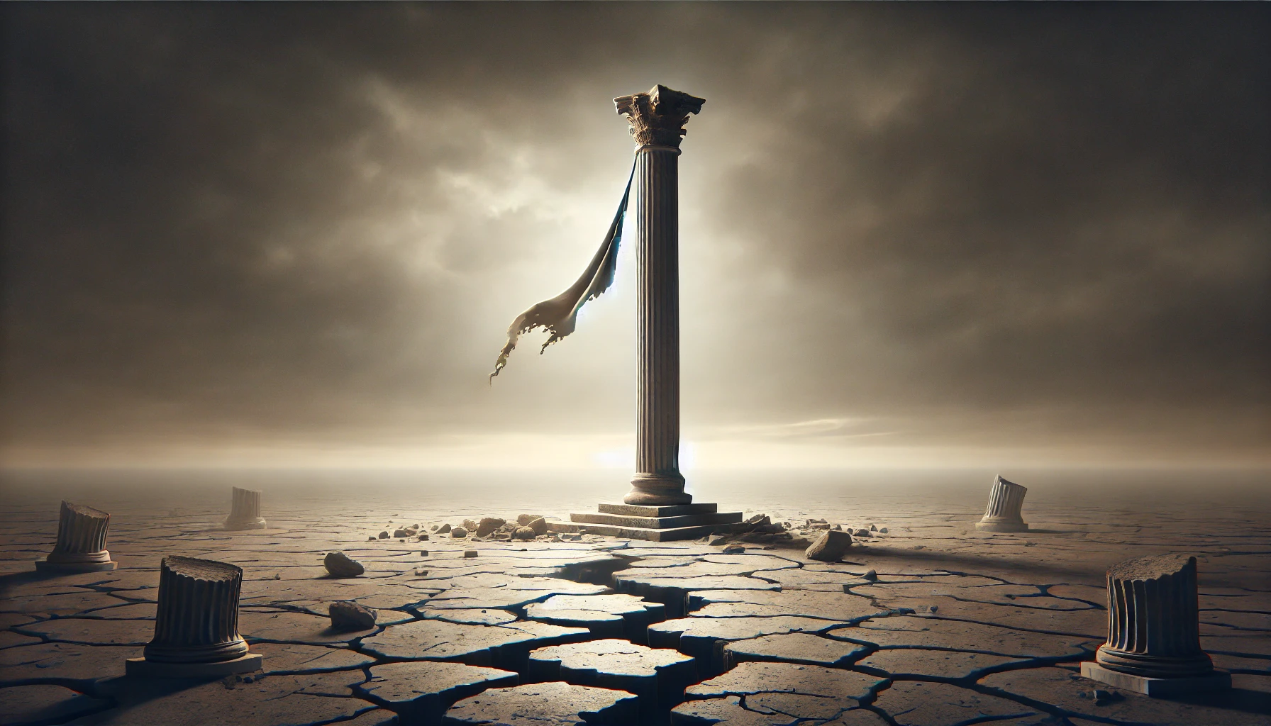 Image representing the fall of a modern Western empire. Show a single broken column standing in an empty, cracked earth highlighting the decline of western idealogy